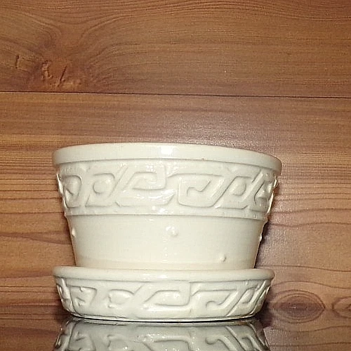 Vintage 3 1/2" McCoy Art Pottery White Greek Key & Dot Planter Pot w/Drain Hole
