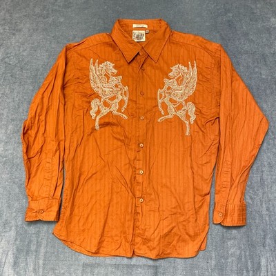 VTG Franko Man Shirt Mens XL Orange Cotton Pegasus Graphic Long Sleeve Button Up