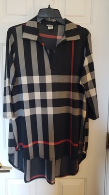 Heimish USA Medium Tunic Top Hi Lo Hem Plaid Black Collared Vneck 3/4 Sleeves 