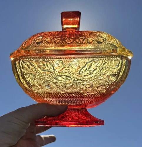 Vintage Jeanette Acorn And Oak Leaves Amberina Candy Dish Pedestal Lid *read