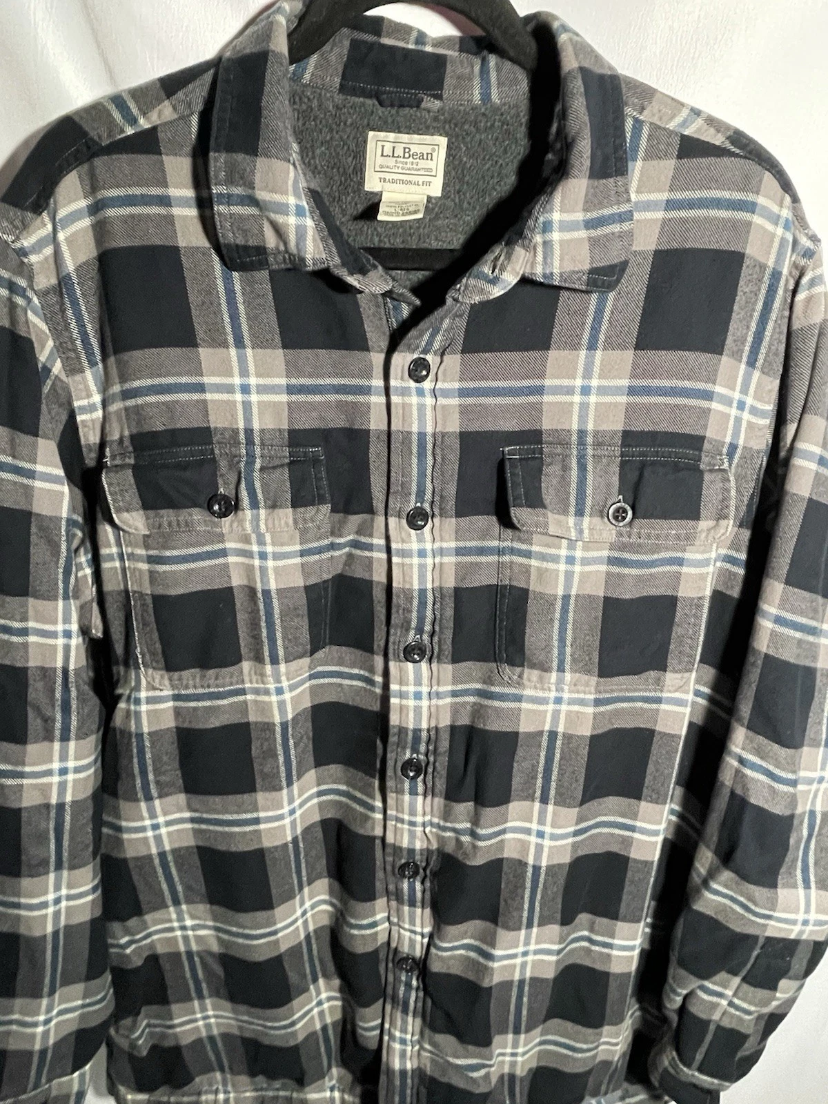 LL Bean Sherpa Lined Flannel Shirt Jacket Shacket Mens Large Plaid Long Sleeve