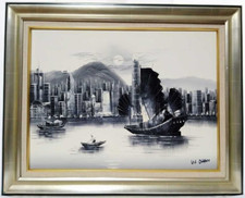 W CHAN - HONG KONG Victoria Harbour peinture originale huile sur toile signée