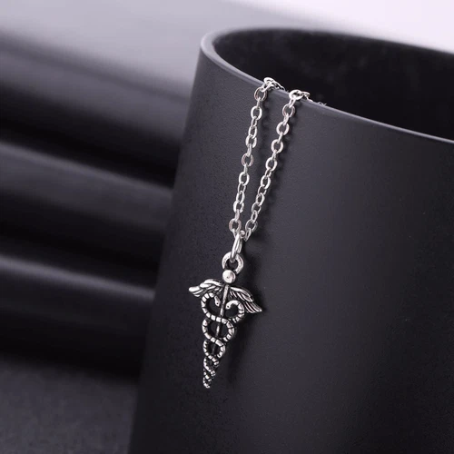 HERMÈS Collana Ciondolo Doppio Serpente Medicina Simbolo Caduceo Insegna Medica per Medici