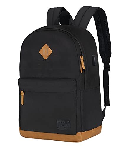 Leather-Trim Laptop Backpack with USB Charging Port and Classic Design