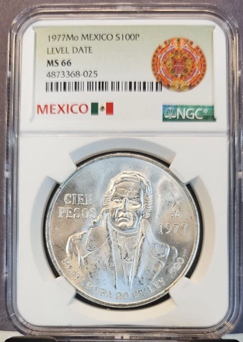1977 MEXICO SILVER 100 PESOS S100P LEVEL DATE NGC MS 66 PQ STELLAR LUSTER GEM BU