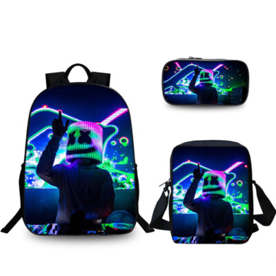 3pcs 16inc DJ Marshmello Backpack Pencil Case Rucksack School