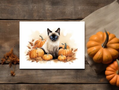 Siamese Cat with Pumpkins Card for Cat Lovers in Fall Card for Halloween