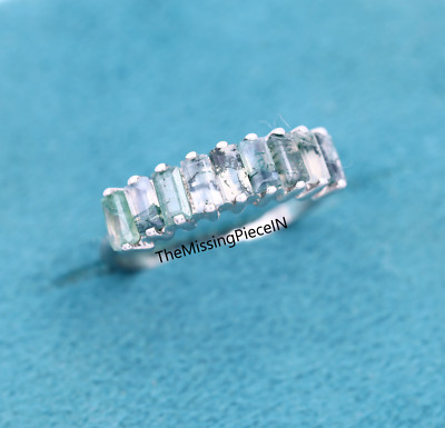 Natural Green Moss Agate Baguette Wedding Band, Matching Band Rings for Women