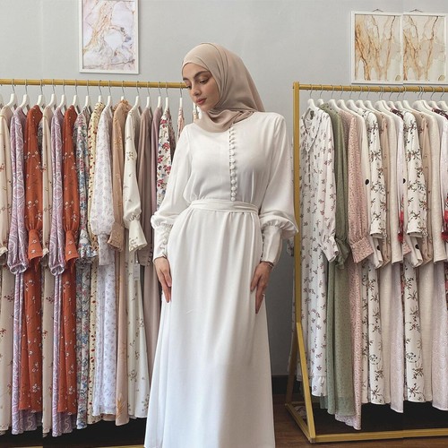 Women Muslim Hijab Dress Solid Button 