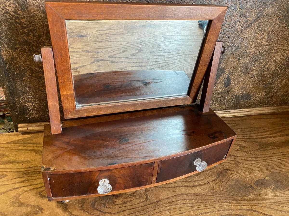 Antique Wood Dresser Top Vanity Mirror w 2 Drawer Vintage Makeup Shaving