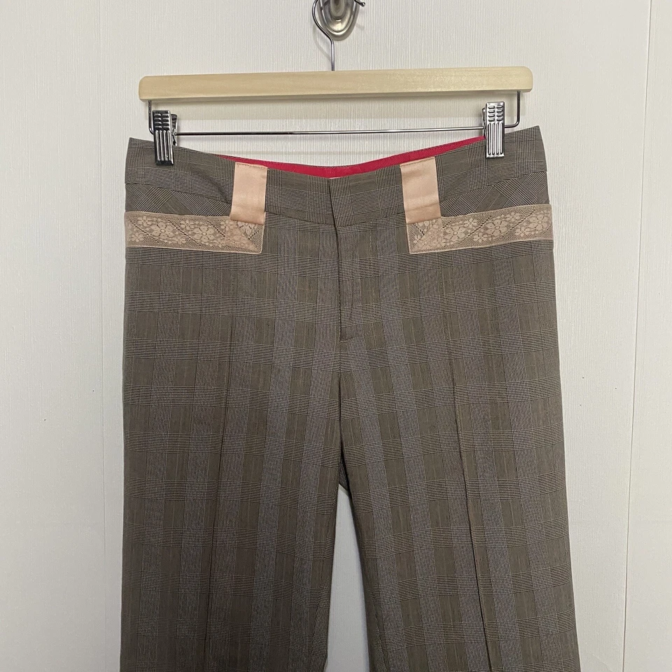 Calça Rebecca Taylor feminina marrom xadrez perna larga acabamento em renda tamanho 4. - Imagem 2 de 4