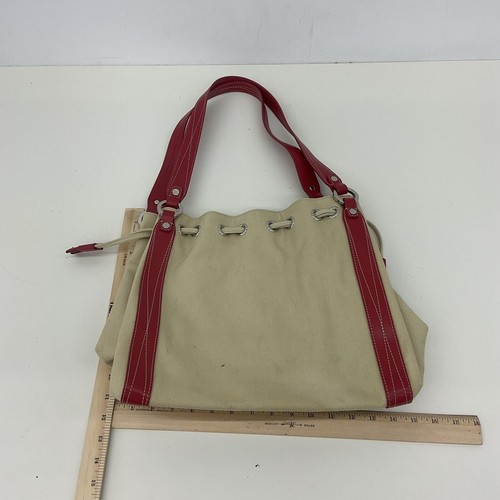 DKNY City Women's Cream Canvas Bucket Drawstring Bag Purse Handbag - Picture 2 of 5