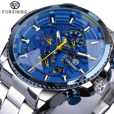 Forsining Blue Ocean Design Silver Steel 3 Dial Calendar