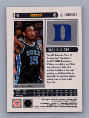 Mark Williams 2022 Chronicles Draft 21/99 Luminance Rookie Card Duke Blue  Devils
