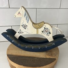 Vintage Wooden Rocking Horse with Yarn Tail Hand Painted Artist Signed Folk Art