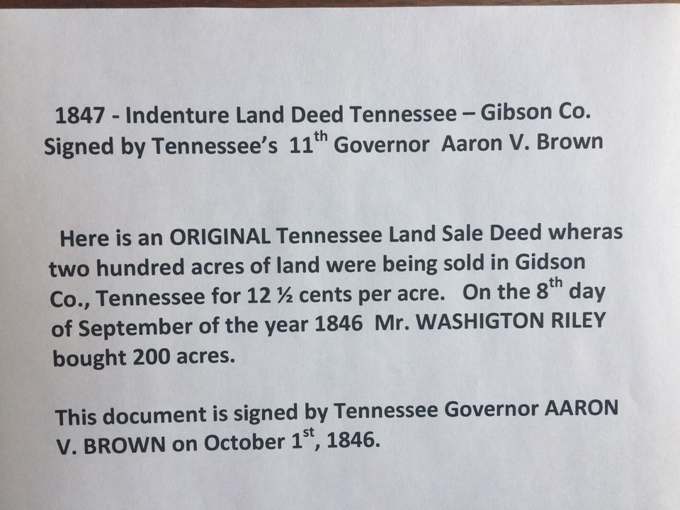 1847 LAND DEED INDENTURE in Gibson Co., TN Signed by TN's 11th Gov. Aaron Brown eBay