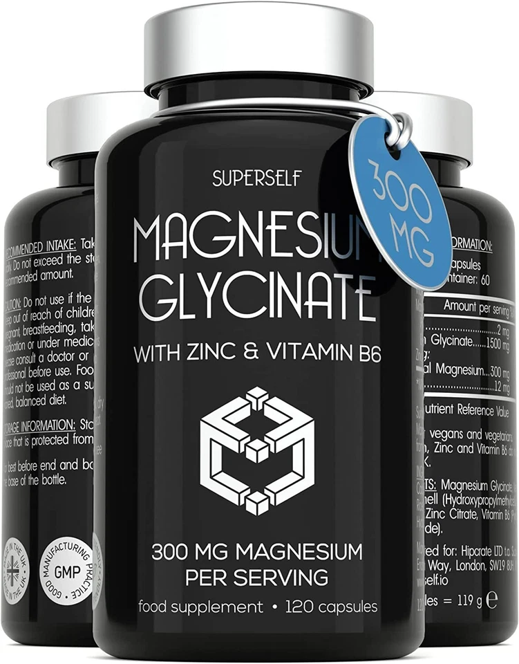 SUPERSELF 300mg Magnesium Glycinate with Zinc & Vitamin B6 - 120 Capsules - Bisglycinate