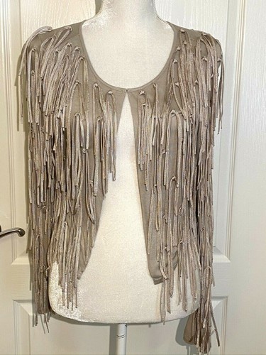 NWOT Beige INC INTERNATIONAL CONCEPTS All Over Fringe Cropped Tassel Jacket XS - Picture 2 of 8