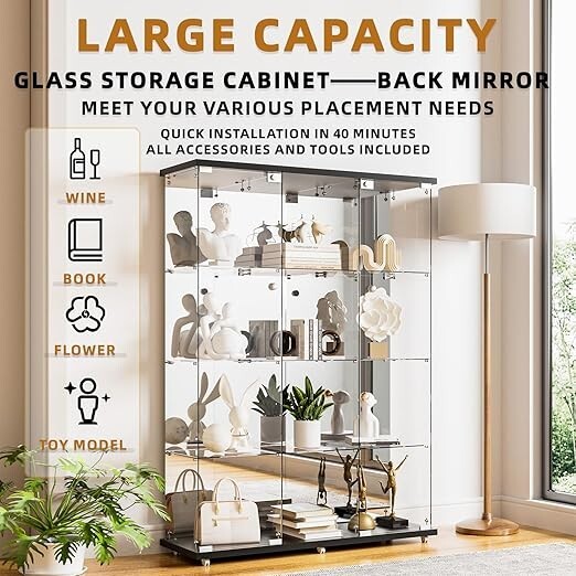 Glass Display Cabinet 12 Shelves 3 Doors Tempered Glass Bookcase Lock and Mirror