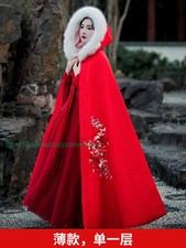 Hanfu Women Winter Long Antique Cape Cloak Fleece-Lined Warm Fur Collar Shawl