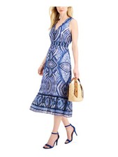 TAYLOR Womens Blue Tiered Hem Sleeveless V Neck Midi Evening Fit + Flare Dress 2