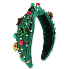 Christmas Headband Women Pearl Knotted Red Green Rhinestone Crystal Jeweled