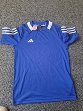 adidas Men's L Blue/White Polyester Lightweight Gym T-Shirt Logo Stripes