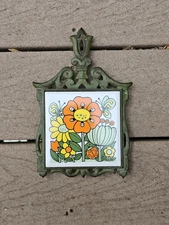 Vintage Seven Star Japan Trivet With Floral Butterfly Design On Green Cast Iron