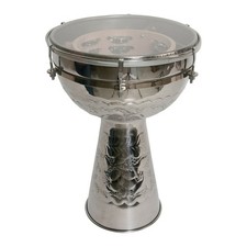 NICKEL BRASS ENGRAVED METAL DOUMBEK DRUM w/ TAMBOURINE JINGLES, 10" HEAD