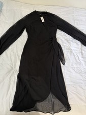 Woman Wrap Silhouette Long Sleeve Black Midi  Dress Size Small