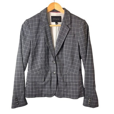Banana Republic Blazer Women s Small gray Plaid Preppy windowpane Academia Crest