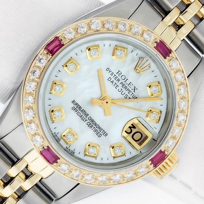 ROLEX LADY DATEJUST MOP DIAMOND DIAL STEEL & 18K GOLD DIAMOND & RUBY BEZEL WATCH