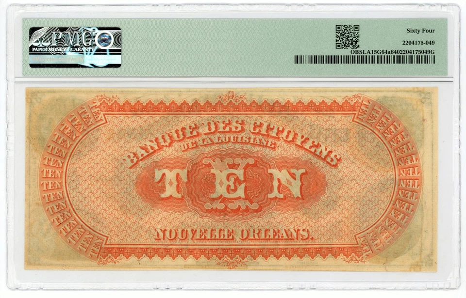1800's $10 The Citizens Bank of LOUISIANA at Shreveport Note - PMG CU 64 - Image 2 of 2