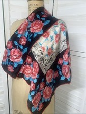 Black Pink Teal Cream Colorful Floral 100 Silk 27  Square Scarf