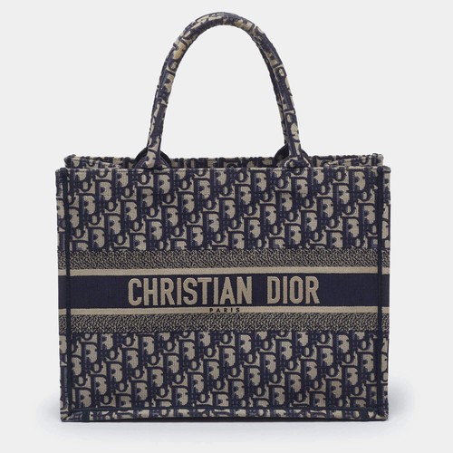 Dior Book Medium Blue Oblique Embroidered Canvas Tote