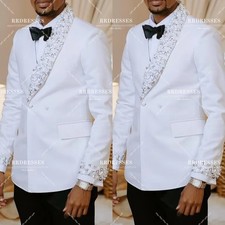 White Men's Suit Fits Wedding Groomman Shawl Lapel Luxury Rhinestone Prom 2Pcs