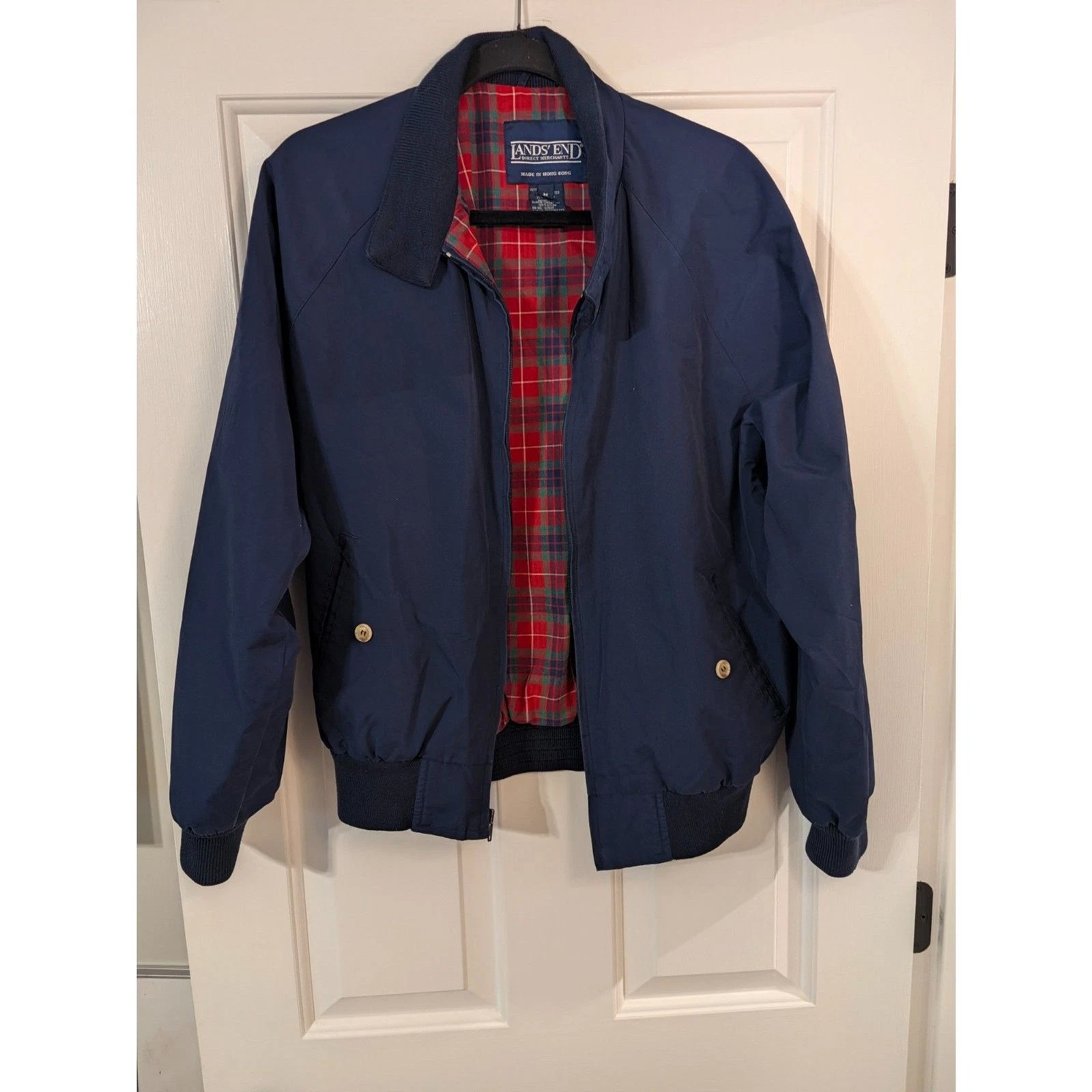 Vintage Lands End Harrington Jacket Mens M Navy Red Tartan Plaid Lined image 1