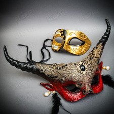 Venetian Horned Filigree Couples Masquerade Mask Red Gold Halloween Mardi Gras