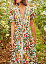 Farm Rio Botanicals Off-White Midi Dress Size L New