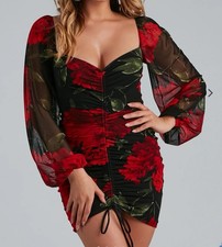 Windsor Red Rose Floral Dress, V-Neck, Size S Goth Whimsical Romantic Valentine