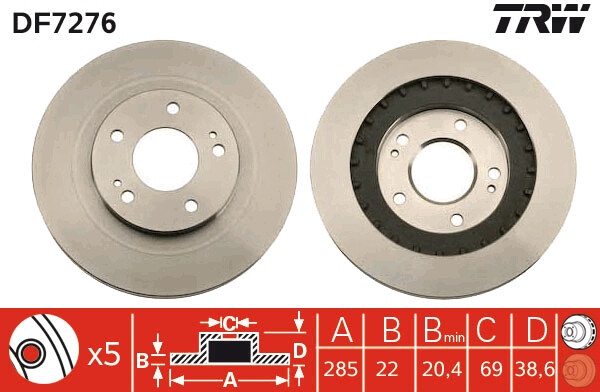 Disque de frein DF7276 TRW pour voiture MITSUBISHI, lot de 2 disques ventilés de rechange d'essieu