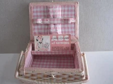 Sewing Box 1969 Woven Plastic Wicker Coats & Clark Pink Gingham Lined
