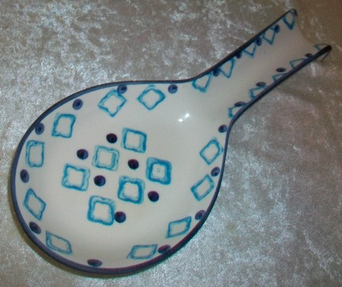 Vintage Blue Diamond Polka Dot White Folk Art Pottery Kitchen Cooking Spoon Rest - Picture 4 of 12