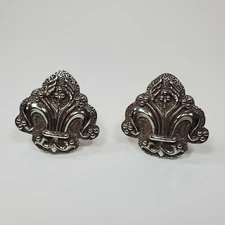 Vintage Solid Metal Silver Ornate Fleur-de-Lis Drawer Knobs 2pc Set  2" x 2"