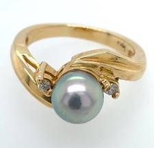 6.5mm Silver Akoya Pearl Bypass Ring SIZE 5.5, in 14K Gold w Small Diamonds 4.6g