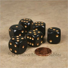 NEW 6 Black with Gold Pips ROUNDED EDGE Dice Set RPG D&D Game 16mm 5/8 inch D6