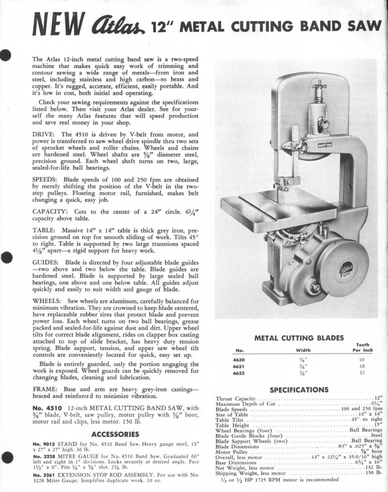 Atlas 4510 12" Metal Cutting Band Saw 4602 Metal Attachment