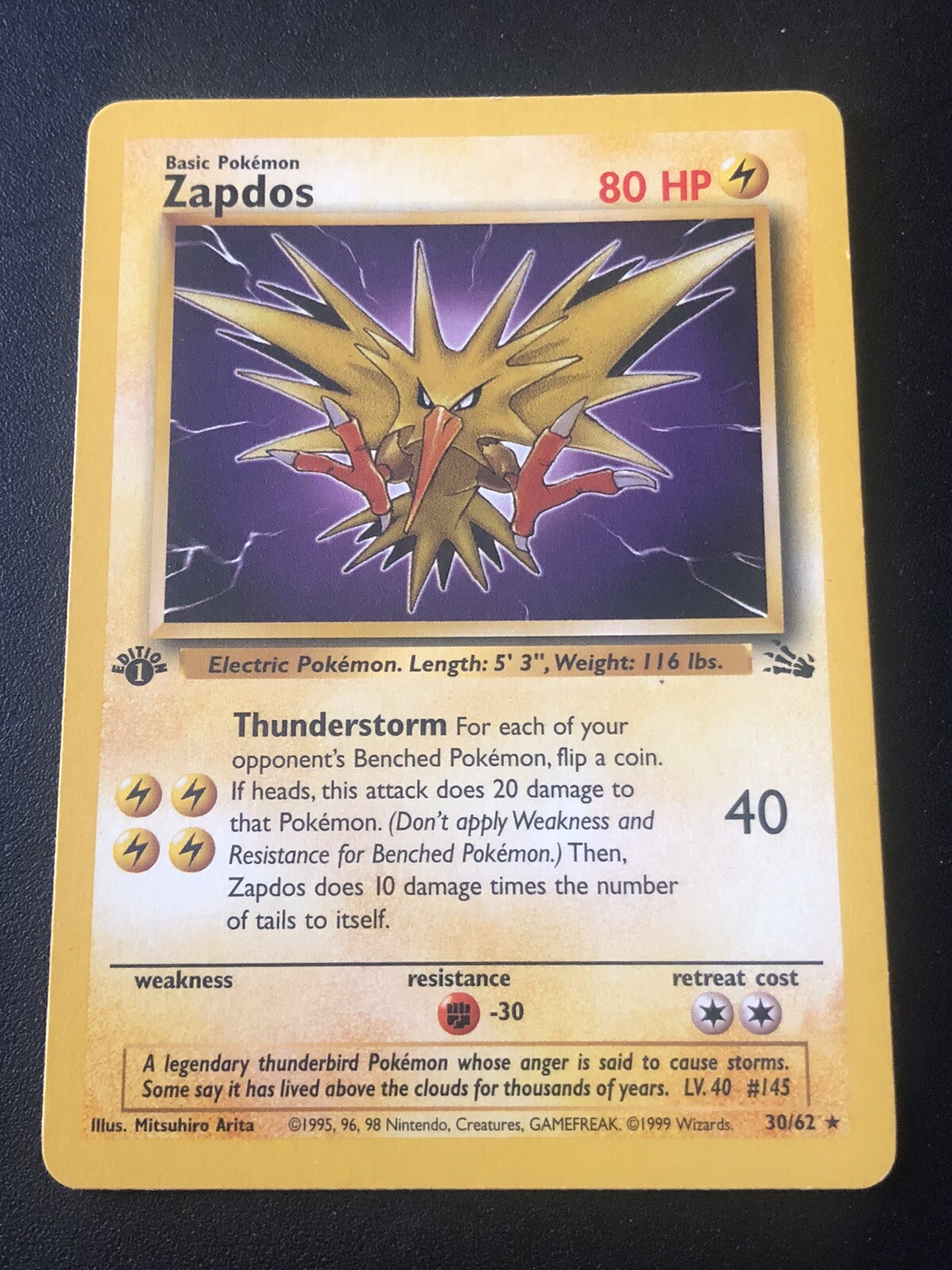 1999 Pokemon Fossil 1st Edition Zapdos #30