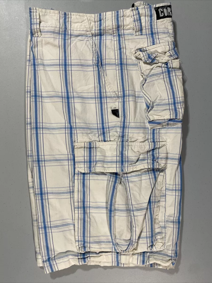 Una herramienta central que juega un papel importante. Escrupuloso Pareja Foot Locker COR3 Plaid Cargo Shorts size 36. 12inch inseam white/Light blue  | eBay