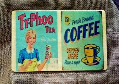 Weihnachtsstrumpffüller! Holztafel mit Vintage Werbung für Kaffee und Tee